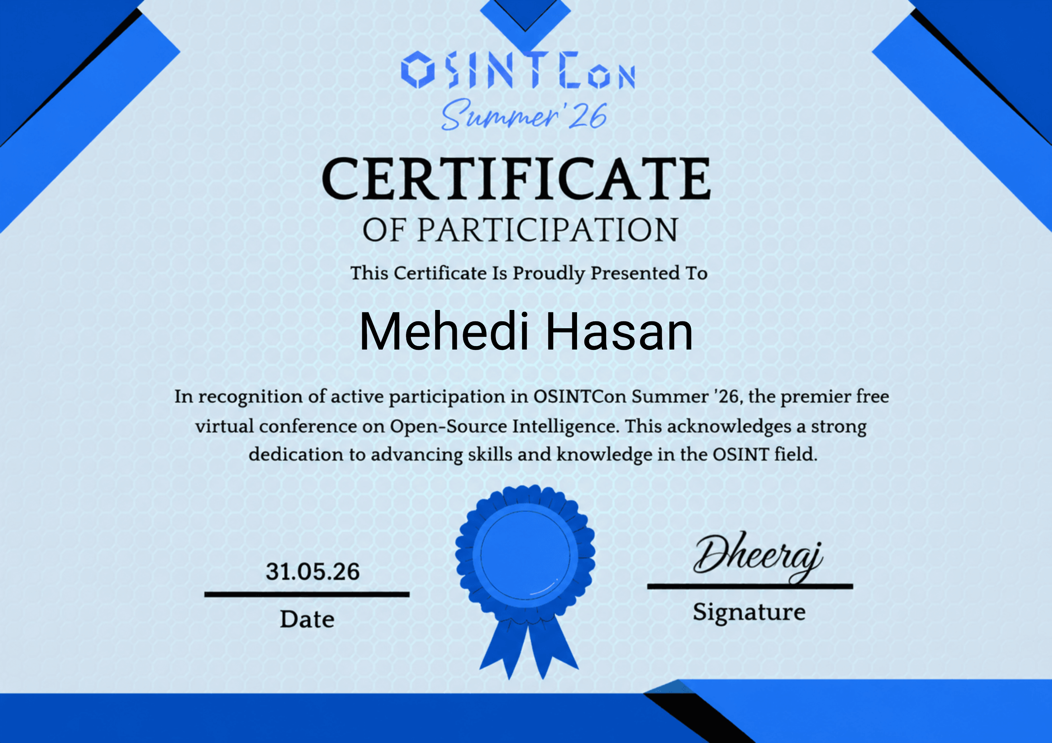 OSINTCon Summer '26 Certificate